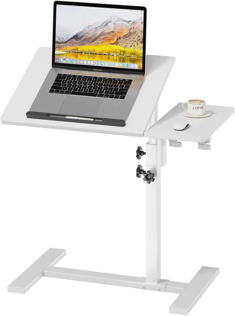 Laptop Desk Bedside Table with Wheels Laptop Stand for Couch Adjustable Tv Tray C End Table, Mobile Sofa Snack Table with Tiltable Top, White