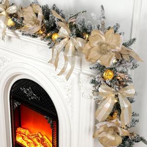 Syhood Champagne Christmas Garland 6.5 ft Christmas Flocked Garlands for Mantle with Large Magnolia Flower, Globe String Lights, Large Bows, Glitter Berries and Leaves for DIY Stair Indoor Xmas Decor
