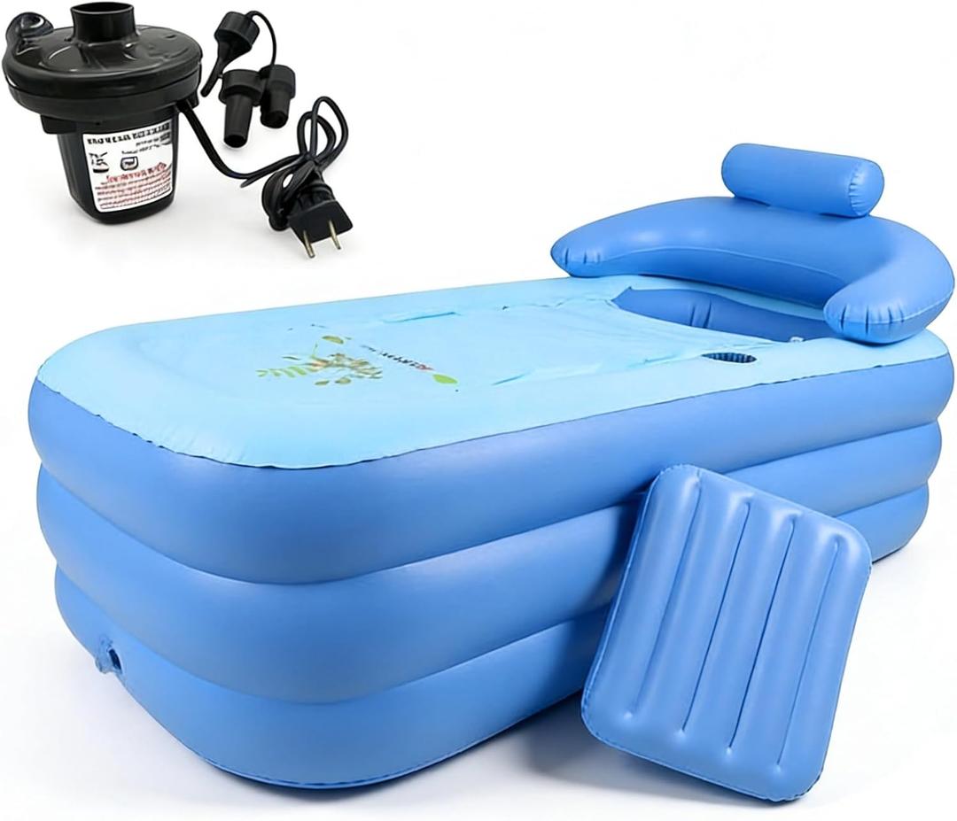 63 5.2 Adult Inflatable Bathtub with Electric Air Pump, Freestanding Portable Cool/Hot Tub Foldable for Outdoor Indoor Soaking Shower Spa, Small Cushion & Drain Hose, 3 Separate Blow Up Chambers