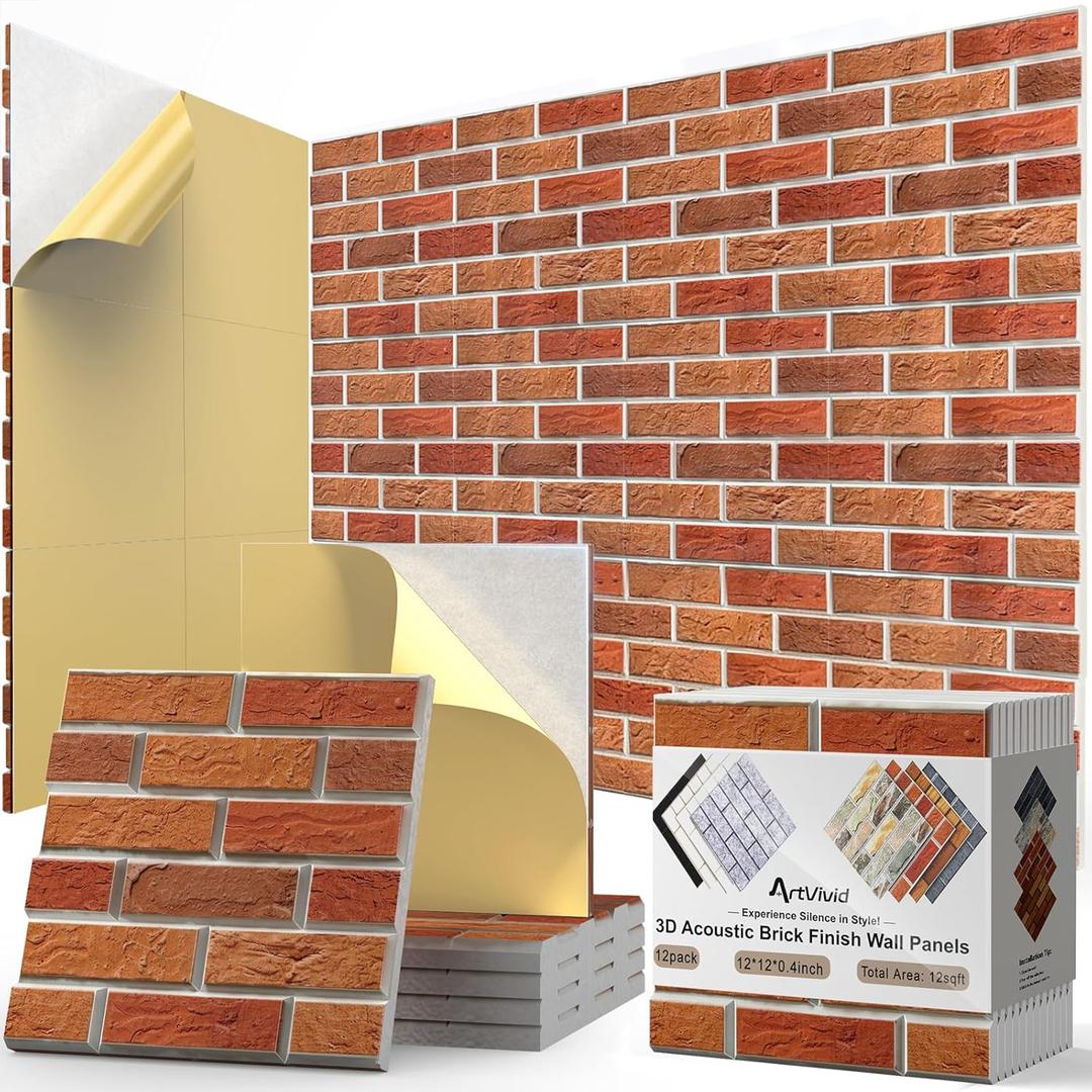 12Pack Acoustic Panels, Self-Adhesive 3D Brick Pattern Sound Proof Panels for Walls, High Density Decorative Sound Dampening Wall Panels for Recording Studios, Offices, Home, 12"12"0.4", Red