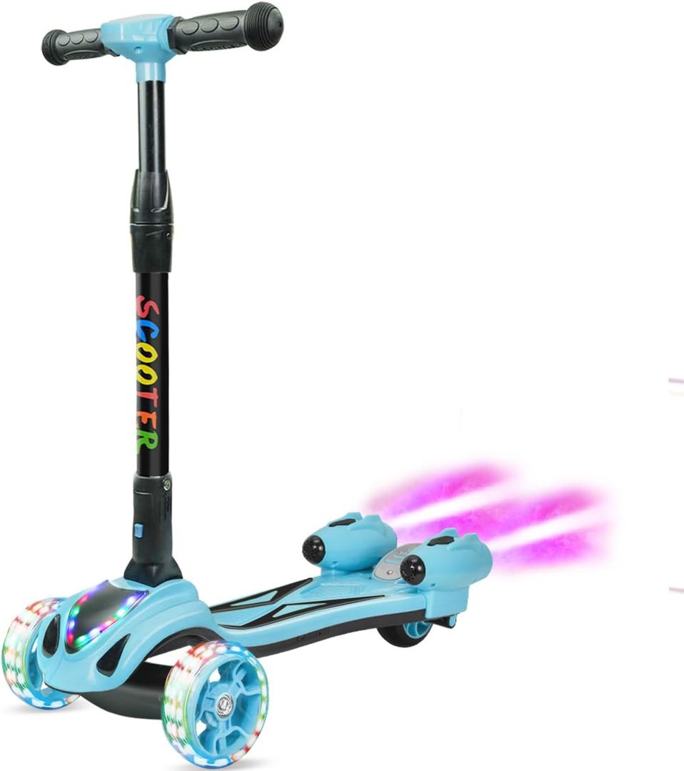 3 Wheel Scooter for Kids, Toddler Scooter with Bluetooth Music Speaker Steam Sprayer LED Lights Aluminum Alloy T-Bar, Folding Kick Scooters for Boys Girls Ages 3-10