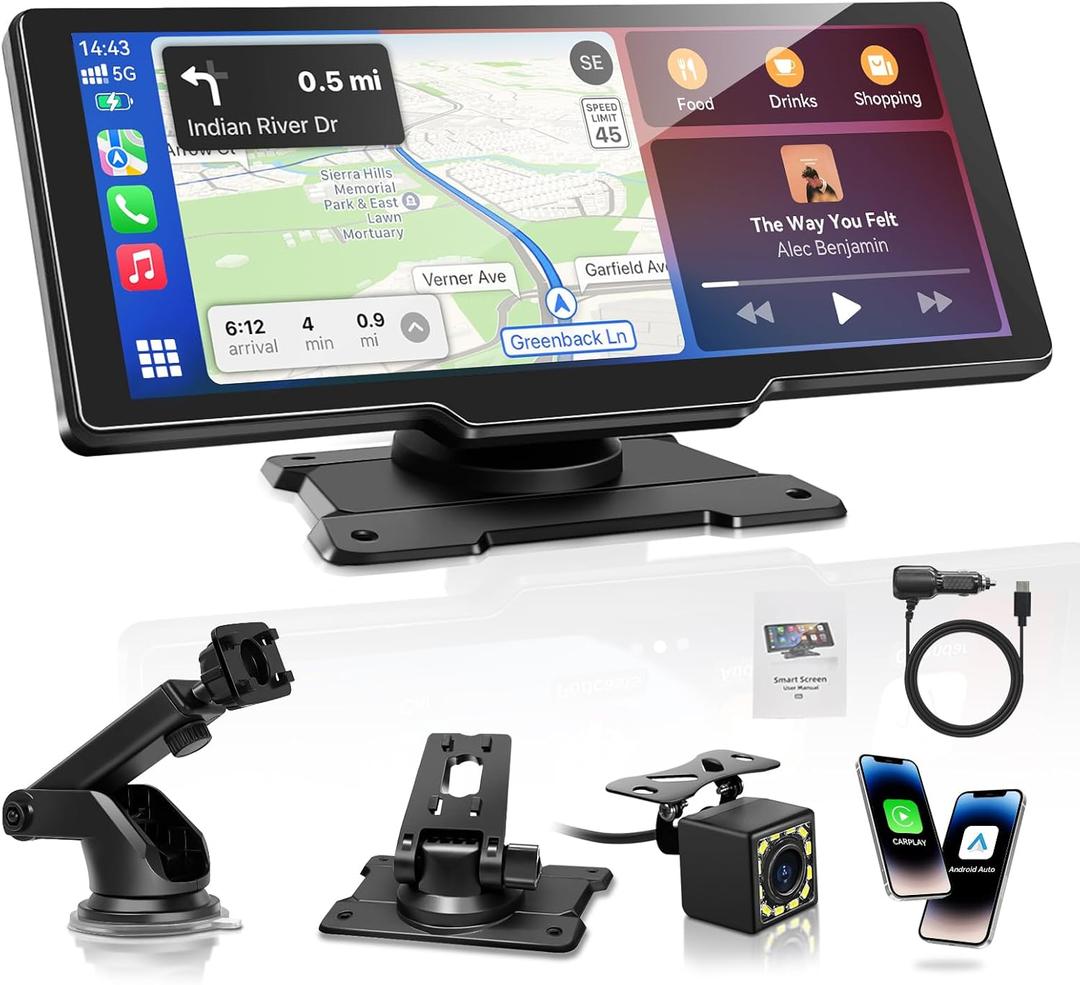 Portable Carplay Screen for Car, 10.26" Wireless Carplay & Android Auto Car Play Touchscreen with 1080P Backup Camera, GPS Navigation, Voice Control,5.0 Bluetooth (10.26inch)