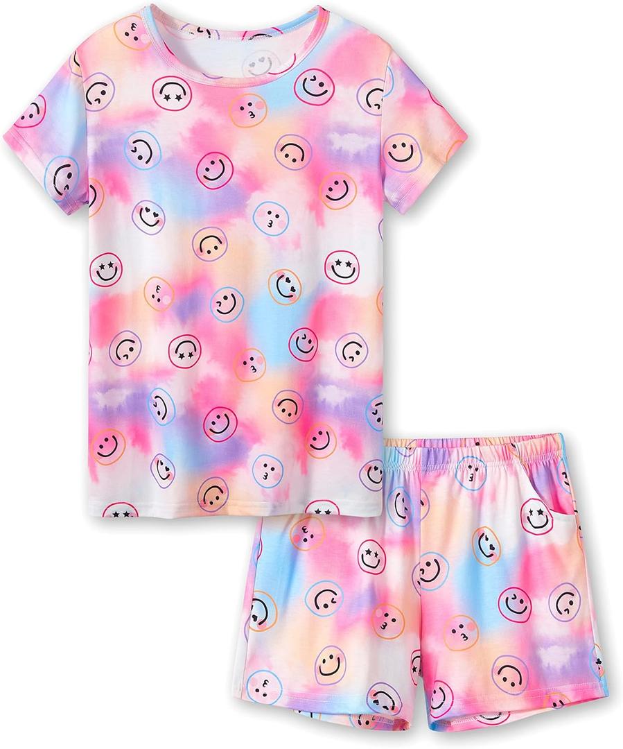 Beezizac Neon Tie Dye Spiral Pattern/Butterfly Pajamas for Girls Tee & Shorts PJ Set Size 6-18 (12, Multi-colored Face)