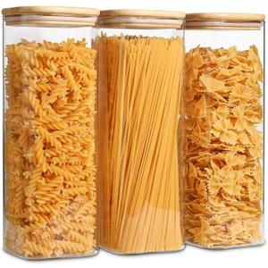 ComSaf Glass Spaghetti Pasta Storage Containers with Lids 73oz Set of 3, Tall Clear Airtight Food Storage Jar with Lid for Noodles Flour Oat Cereal Sugar Beans, Sqaure Spaghetti Pantry Containers