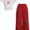 RoseSeek Girl's 2 Piece Summer Outfits Short Sleeve Ruched Basic Tess and Camo Cargo Pants Sets Trendy