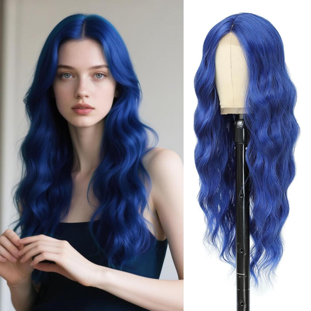 Dark Blue Wig 26 Inch Long Wavy Wig for Women - Heat Resistant Synthetic Hair Middle Part Curly Wig Natural Look for Daily Party Cosplay Costume Use