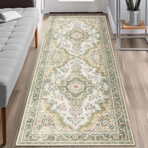 Washable Runner Rug 2'x6',Green Rug Runners Non Slip,Long Boho Rugs for Hallways Kitchen Bathroom Bedroom Entryway,Vintage Bohemian Distressed Floor Carpet,Sage Floral