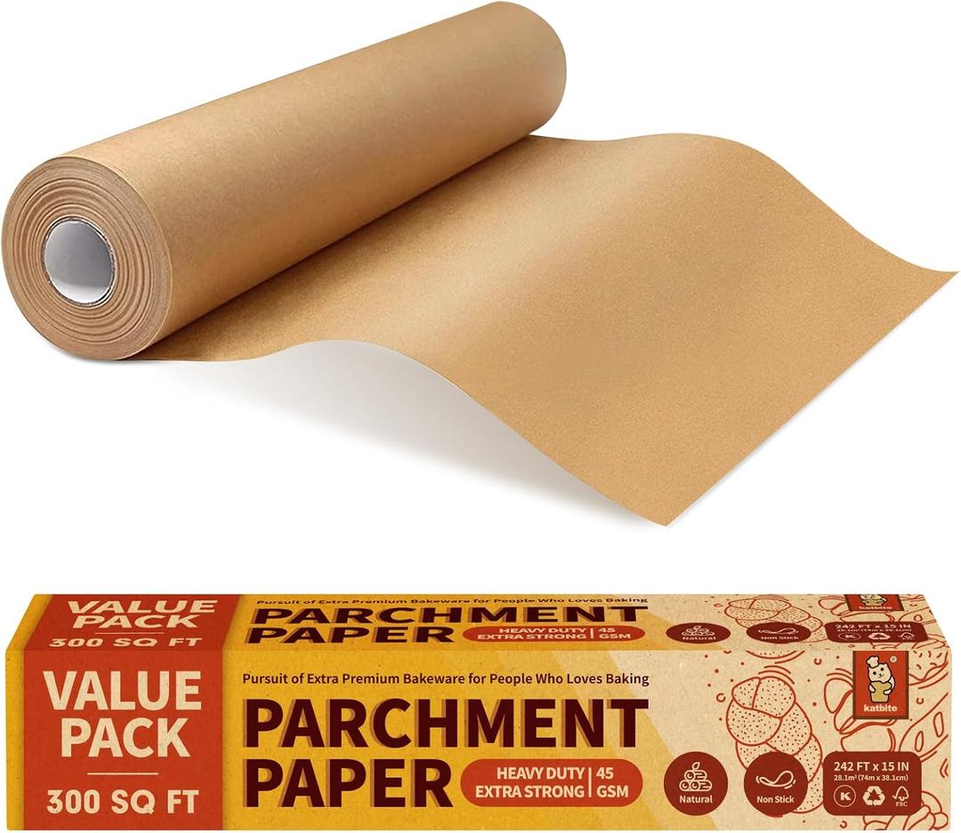 Katbite 15in x 242ft Unbleached Parchment Paper Roll, 300 Sq.Ft, Non-Stick with Serrated Cutter for Baking, Cooking, Air Fryer (15 in x 242 ft, Brown)