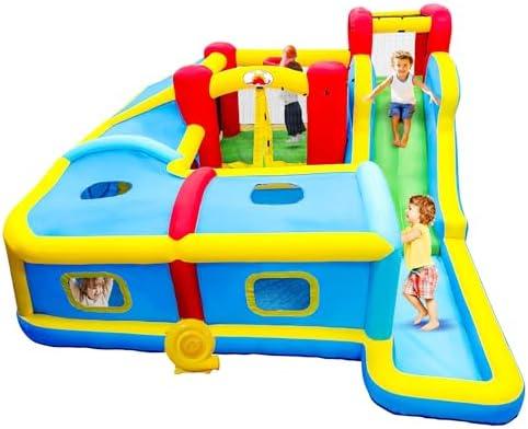 WELLFUNTIME Inflatable Bounce House with Blower, 156 x 143 x 75 inches Bouncy Castle with Slides, Rock Climbing, Ball Pool, Long Tunnel, Jumping Area for 4 Kids Aged 3 to 10