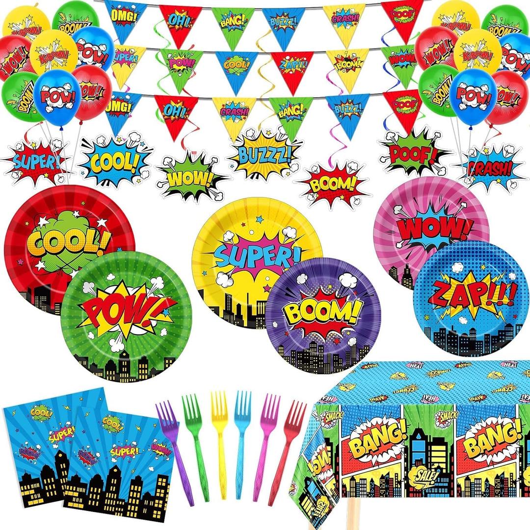 139Pcs Hero Theme Party Supplies with 24 Hero 9'' Plates 24 Hero 7'' Plates 24 Super Theme Swirls 16 Balloons 2 Banners 1 Tablecloth 24 Napkins 24 Forks for Kids Boy Birthday Party Decorations