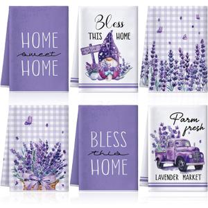 VitalCozy 6 Pcs Lavender Summer Kitchen Towel Set Funny Housewife Farmhouse Rustic Bath Hand Towel for Holiday Bathroom Gift, 24 x 16 Inches(Purple,Lavender)