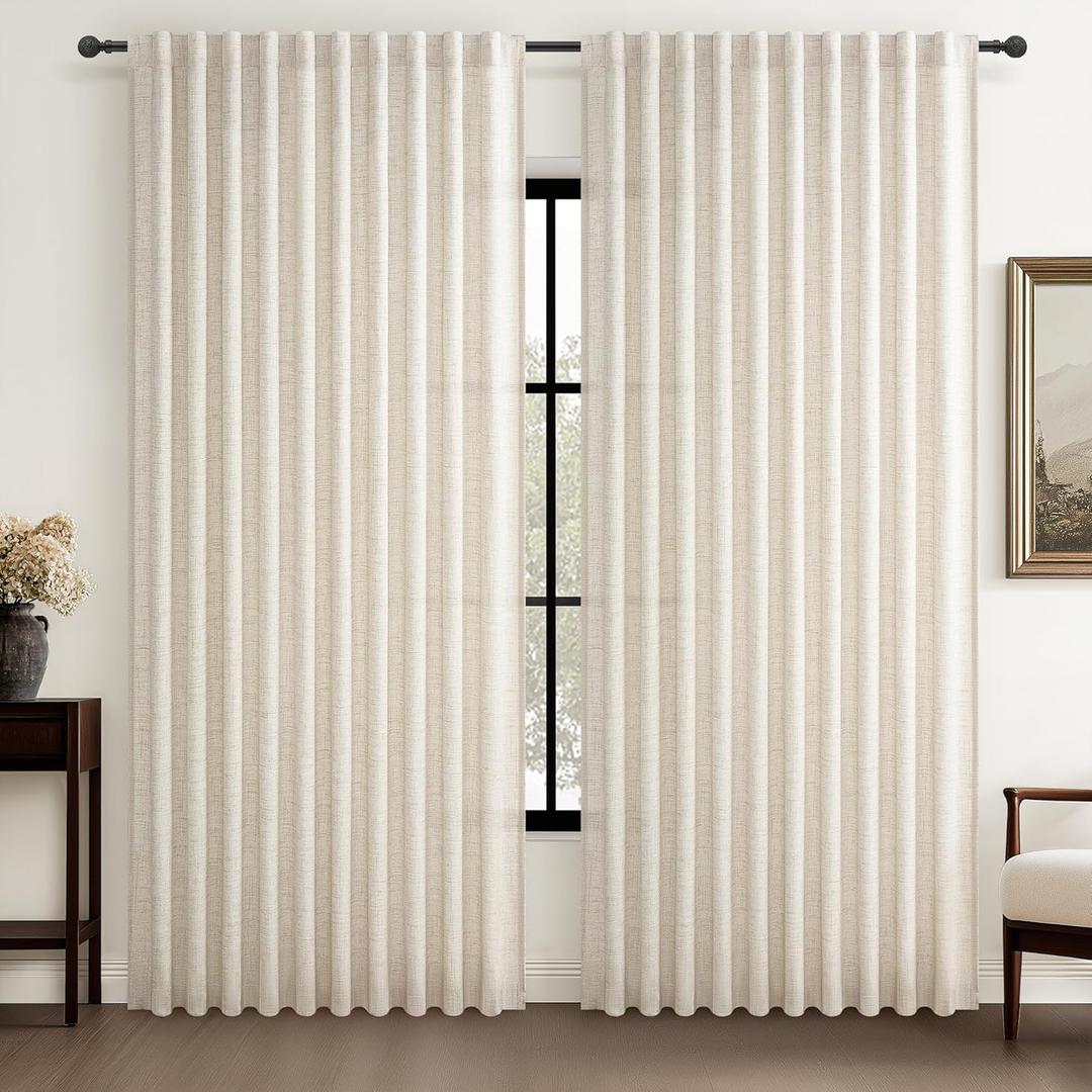 Birch 70 Inches Extra Wide Sheer Curtains Cream Linen Pleated Living Room 84 Inches Long, Neutral Textured Light Filtering Privacy Sliding Door Thick Drapes for Large Window (70"Wx84"Lx2 Panels Hooks)