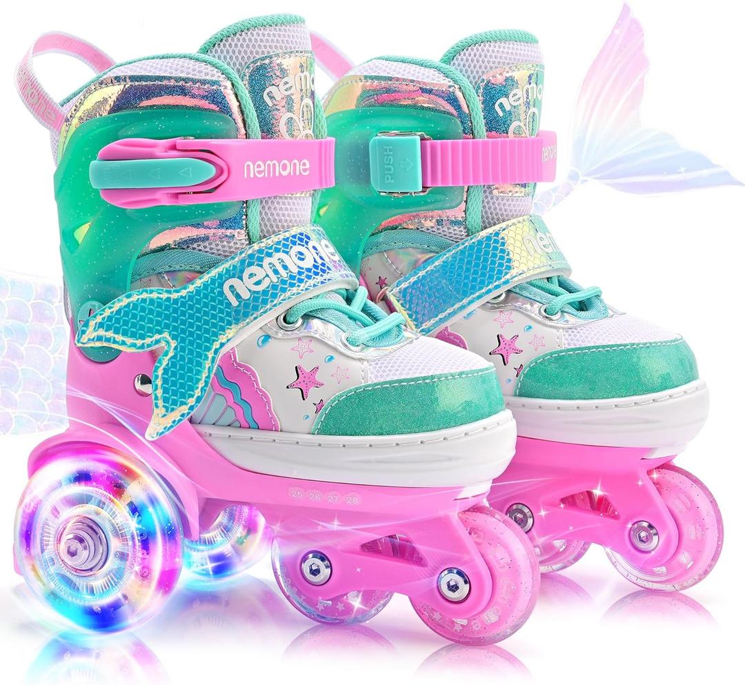 NEMONE Mermaid Light up Roller Skates for Girls, Purple Blue Skates for Toddlers, Beginner Kids Butterfly Roller Skates Indoor Outdoor, Size X