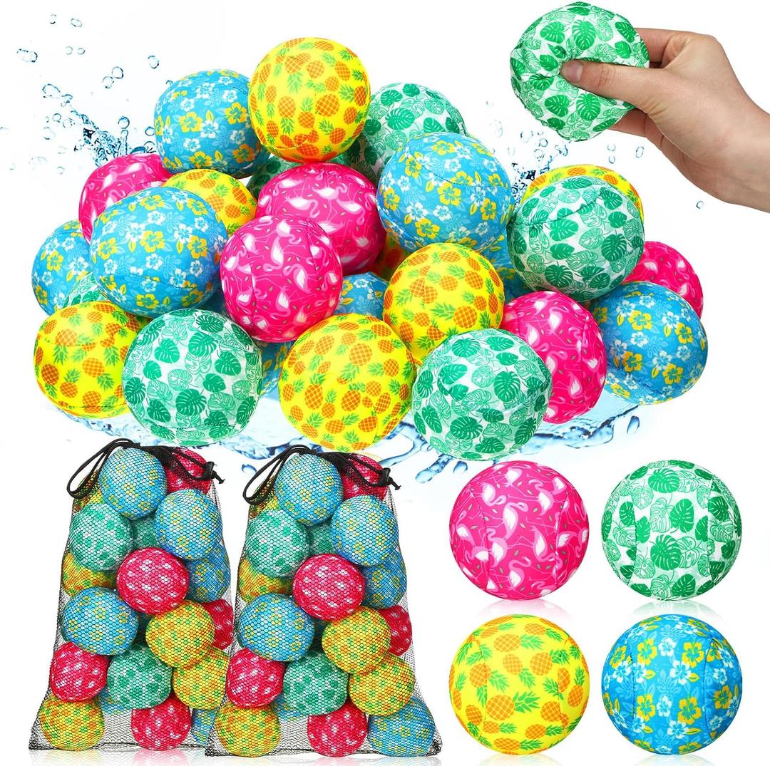 48 Pcs Reusable Water Balls 3 Inch 4 Style Hawaiian Outdoor Water Balls Absorbent Bouncing Beach Toys with 2 Mesh Bag for Summer Beach Pool Soaking Games Party Favors