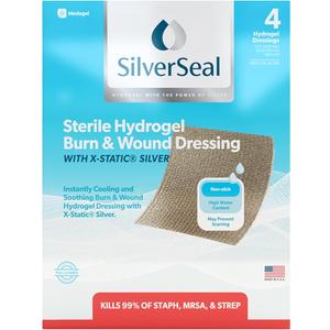 SilverSeal Burn and Wound Dressing | Hydrogel Pads with X-Static Silver | Soothing, Moist & Protective | Burns, Cuts & Wounds | 4 Sterile Dressings