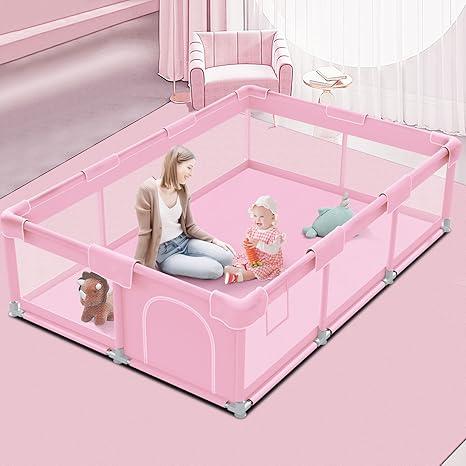 Pink Baby Playpen 74x50 Inches Playpen for Little Princess Play Yards Indoor & Outdoor Sturdy Safety Baby Girls Play Pen with Soft Breathable Mesh Toddlers Activity Center with Anti-Slip Base