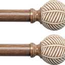 Wood Curtain Rods for Windows: 1 Inch Diameter Adjustable Drapery Rods 48" to 86", 2 Pack Heavy Duty Window Rod with Imitation Wood Grain Leaf Pattern Finials