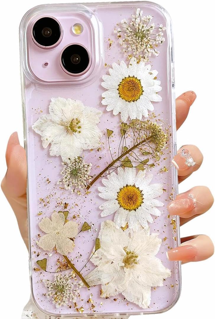 Clear Case for iPhone 14 Plus/15 Plus - Real Flowers Design, Glitter Cute White Floral Pattern, Slim Soft TPU Protective Cover