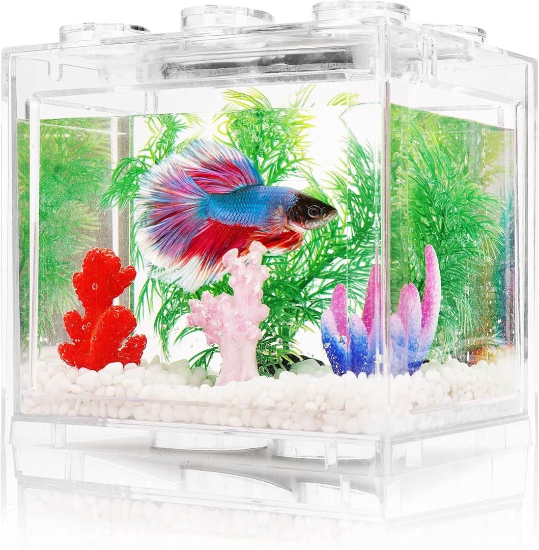Small Betta Fish Tank, Aquarium Tank Kit with LED Lighting, 0.6 Gallon Stackable Fighting Fish Tank Set, Fish Bowl Accessories for Turtle Reptile Shrimp Crab Insects as Decoration