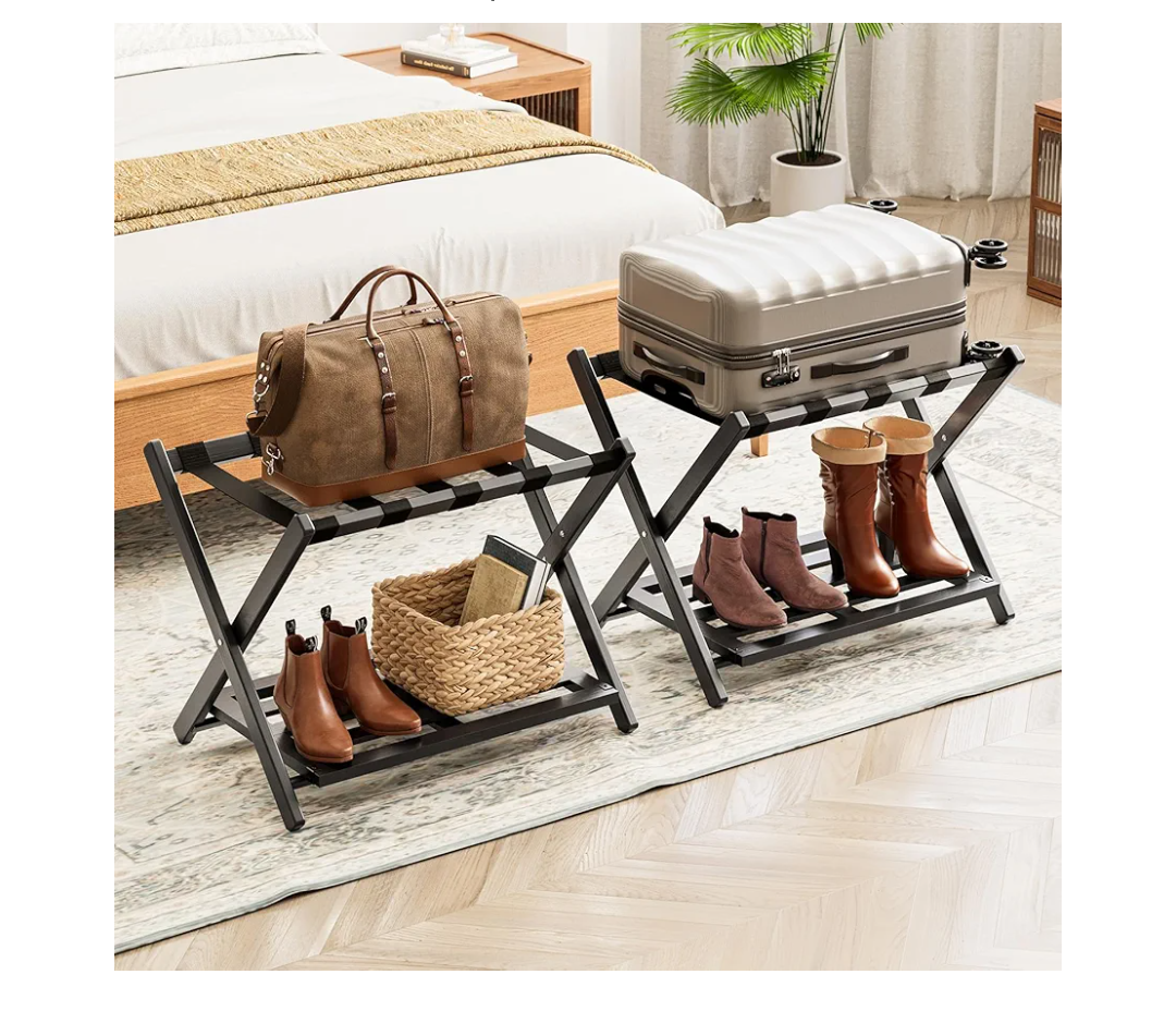 SpaceAid Fully Assembled Luggage Rack 2 Pack, Bamboo Foldable Suitcase Stand for Guest Room, Heavy Duty Folding Luggage Holder with Storage Shelf for Bedroom and Hotel, Black