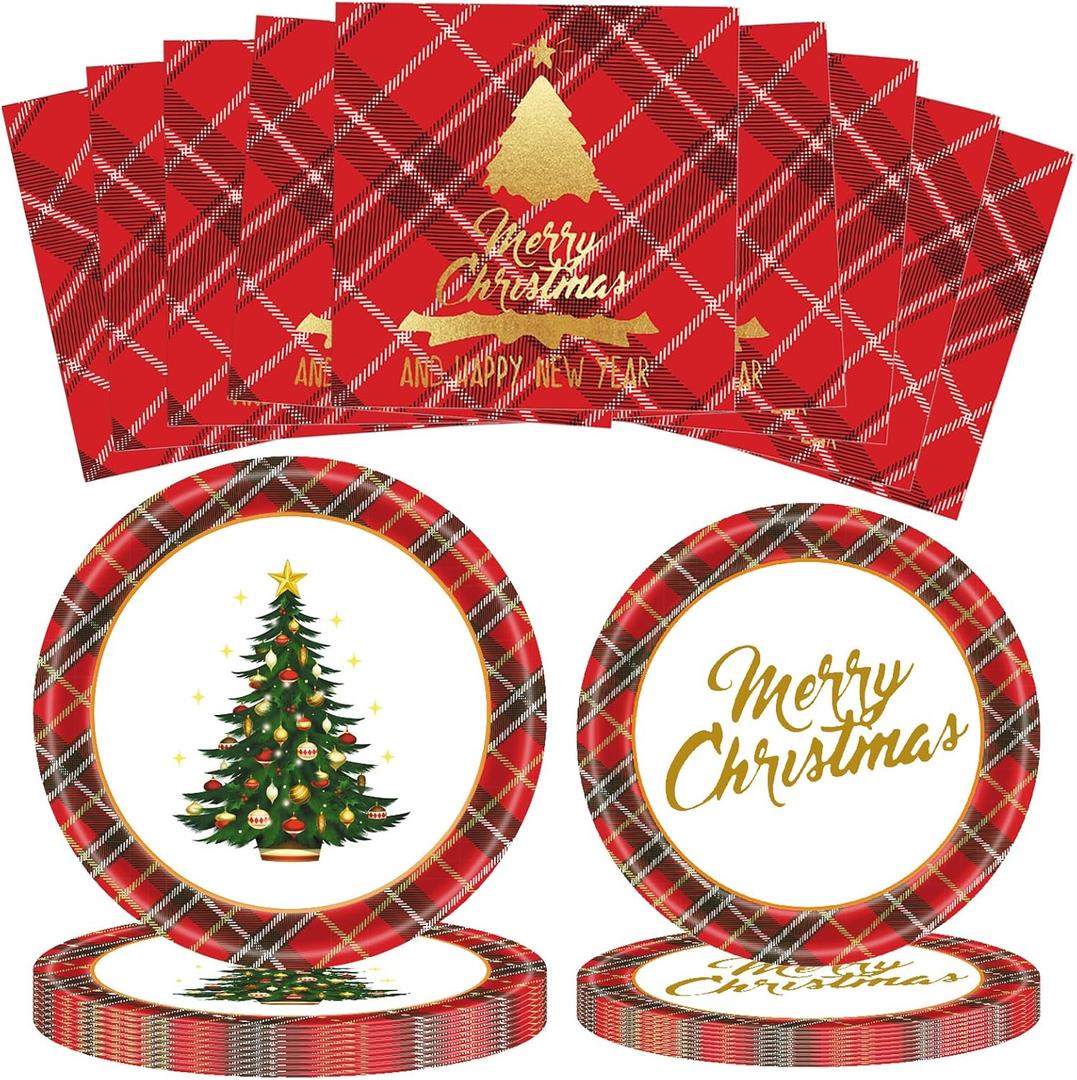 72 Pcs Christmas Plates Disposable Party Set Red Black Plaid Christmas Tree Holiday Paper Plates and Napkins for Chirstmas Party Table Decorations