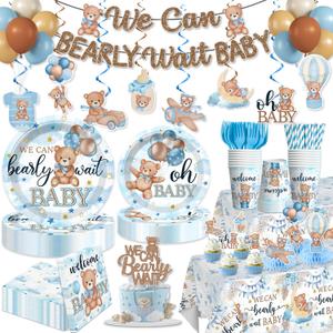 216PCS Blue Baby Shower Decorations Serves 25, Boy Baby Shower Include Banner, Plates, Balloons, Cake Topper and Tablecloths, for Baby Boy Shower Decorations