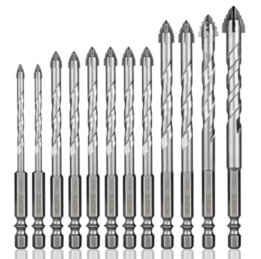 12 Pcs Concrete Carbide Drill Bits Set Hex Shank Masonry Cement Tile Drill Bit Set Hex Shank for Glass/Brick/Plastic/Wood/Procelain/Aluminium/Tile 5/32"-1/2"