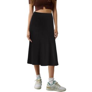 Urban CoCo Women's Elastic High Waist A-Line Flared Midi Skirt Solid Ribbed Knit Skirts, XL