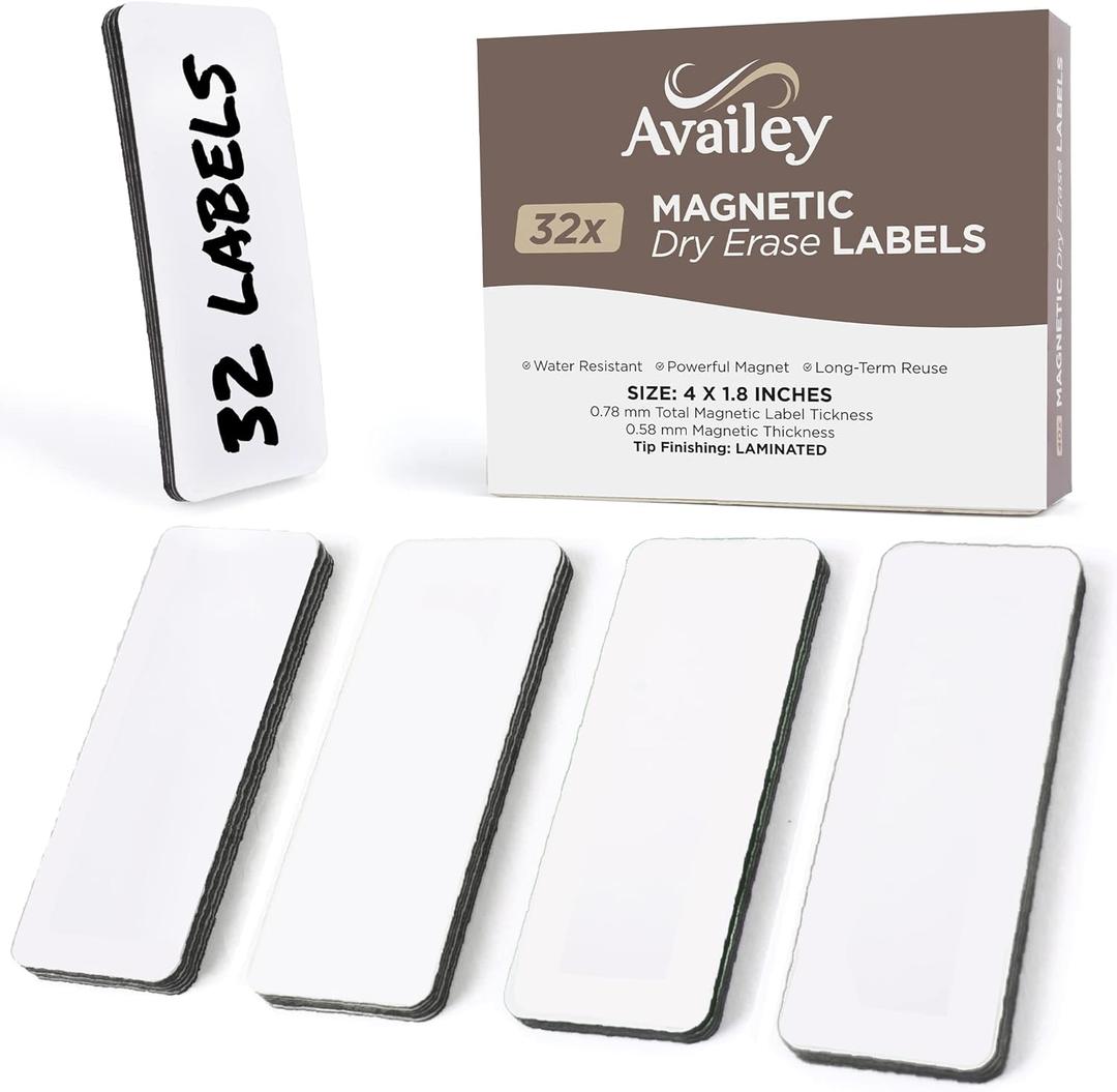 Availey 32 Pieces (4 x 1.8") - White Magnetic Dry Erase Labels - Reusable Strips for Classroom Home Office Garage Refrigerator - Blank Writable Erasable Cards - Name Tags Students Locker Shelf