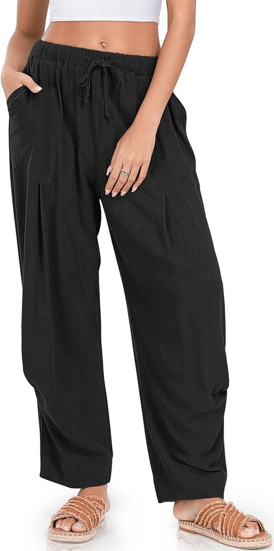 TARSE Women Linen Baggy Harem Pants Summer Drawstring Casual Lounge Pant 2024 Beach Travel Vacation Clothes with Pockets (Large, Black)