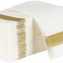 Rectangle Cloth-Like White Napkins with Gold Border, 50 Pack Fancy Paper Napkins, 22" x 22" Disposable Dinner Napkins - Decorative Party Napkins for Weddings, Dinners, Upscale Parties & Events