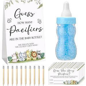 Roowest 512 Pcs Baby Shower Games Guess How Many Pacifiers Sign 100 Small Guessing Games 10 HB Pencils 750ml Milk Bottle 400 Acrylic Pacifiers Decoration for Guest Gender Reveal(Blue,Animal)