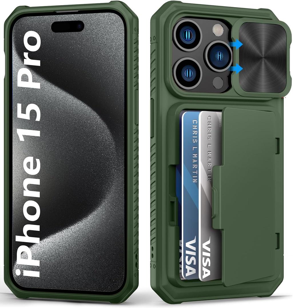 For IPhone 15 Pro Case Wallet with Card Holder (4-5 Cards) & Slide Camera Cover & Kickstand, Military Grade Drop Protection Rugged Shockproof Protective Phone Case for iPhone 15 Pro 5G, Green