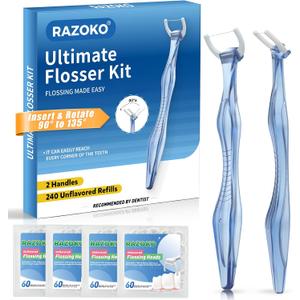 RAZOKO Flosser Kit, Shred-Resistant, Insert & Rotate 90 to 135 for Hard-to-Reach Areas, PTFE & PFAS Free, 2 Handles + 240 Refill Heads, Blue