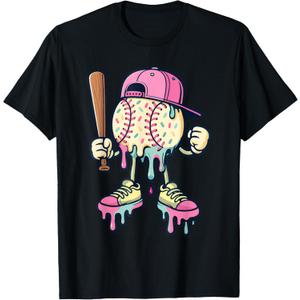 Baseball Drip for Girls Ice Cream Drip Baseball Spots T-Shirt, Large, Black