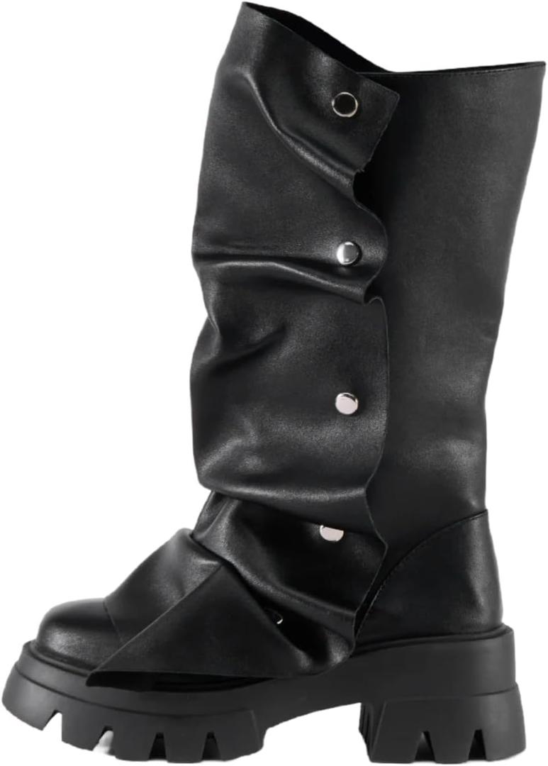 sexytag Women's Platform Slouchy Fold Over Boots Mid Calf Block Heel Round Toe Western Pull on Fashion Boot 10