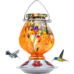BOLITE Hummingbird Feeder, Hand Blown Glass Hummingbird Feeders for Outdoors Hanging, 22 Ounce, Five Feeding Ports with Perch, Orange, Birthday Gifts for Women Men, Gifts for Mom Dad