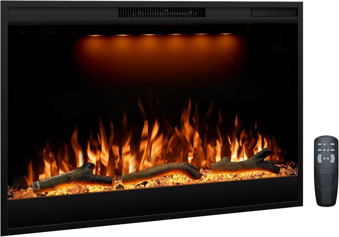 Electric Fireplace Inserts 36inches Wide, Recessed in Wall Fireplace Heater w/Remote Control, 3 Colors Led Top Light& Realistic Flame w/ 5 Brightness, Thermostat, 750W/1500W, Black