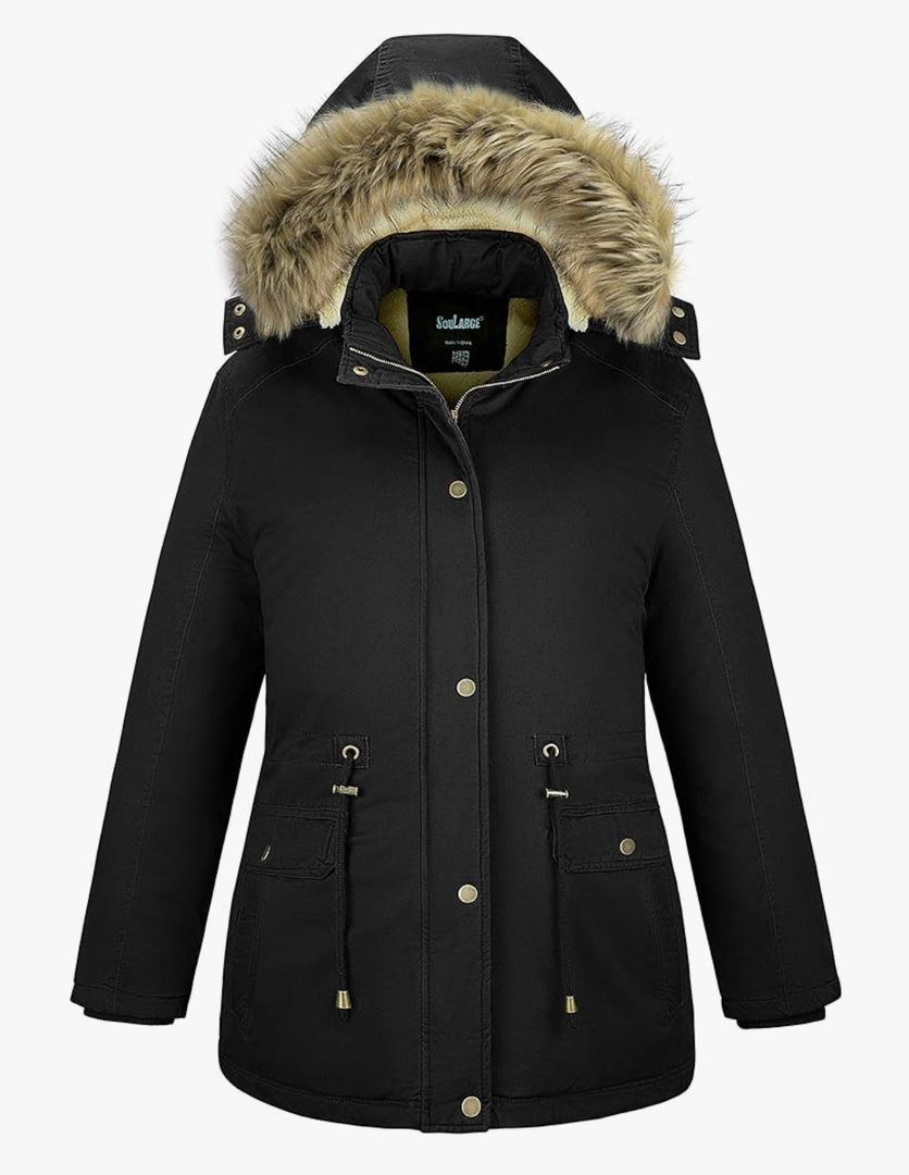 Soularge Women's Winter Plus Size Sherpa Lined Coats with Detachable Hood Black 3X