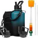 Insulated Water Bottle 64oz,Triple Wall Vacuum Stainless Steel(Dishwasher Safe),Leak Proof & Non-BPA,Flask Jug with Paracord Handle & Straw Spout Lids Sports Gradient indigo blue/black