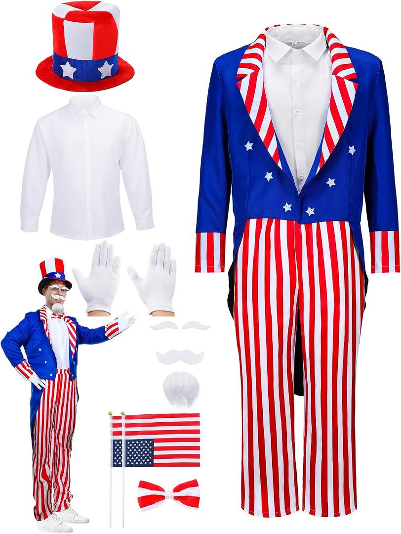 Handepo 9 Pcs America Uncle Costume Set USA Patriotic Top Hat for 4th of July Independent Day 250th Anniversary Cosplay Party (Red, S)