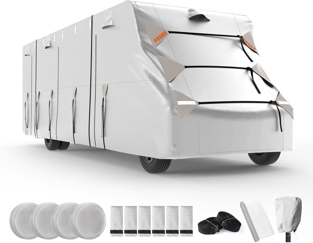 FRUNO Oxford Fabric Class C RV Cover Fits 23'-26' Waterproof Rip-Resistant Anti-UV Motorhome Camper Cover for Winter Snow with 4 Tire Covers and Gutter Covers