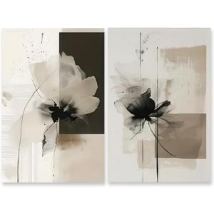 HUYKON Minimalist Abstract Floral Wall Art Prints Set of 2 Neutral Beige Black Flower Canvas Painting Poster Trendy Botanical Picture for Gallery Modern Japandi Boho Home Decor 12x18inch Unframed