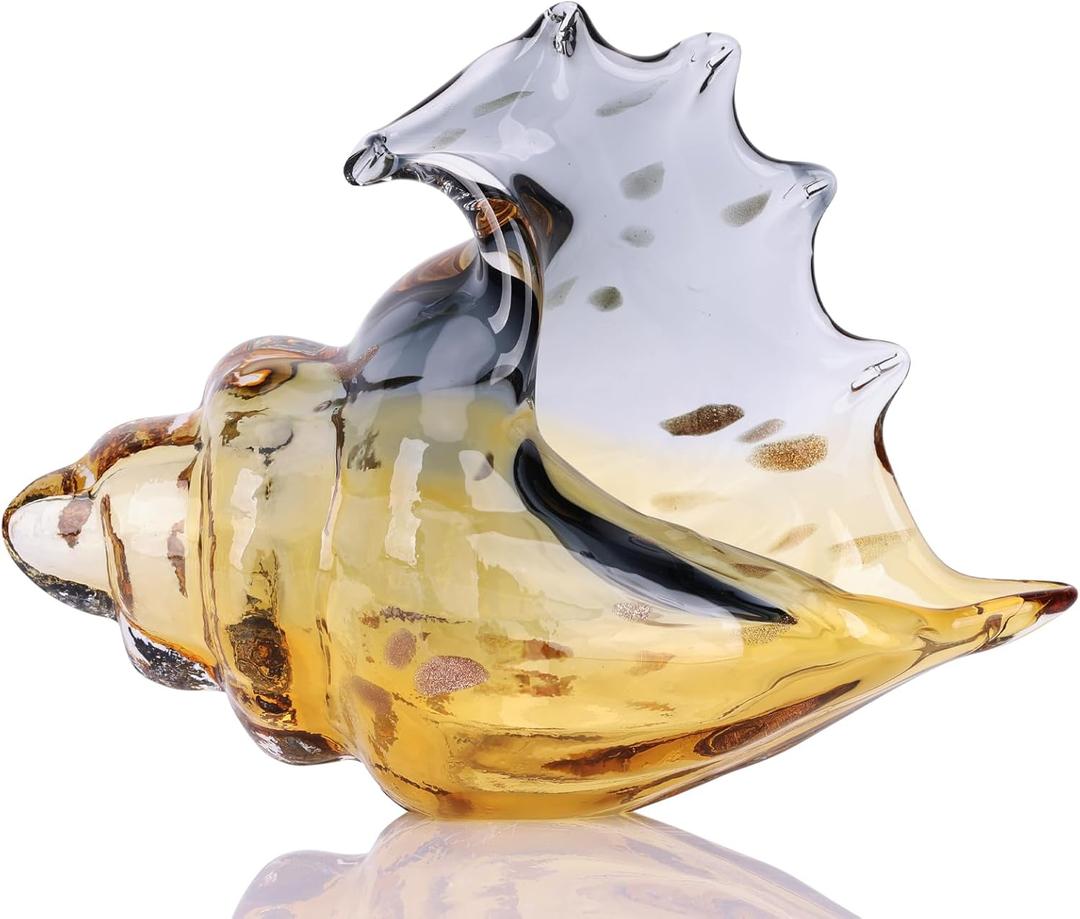 Hand Blown Glass Conch Statues, Gray and Amber Glass Art Figurines, Conch Shells for Coastal Home Decor, Living Room TV Stand and Bookcase Decor, Bathroom Shelf Tops and Cabinet Decor