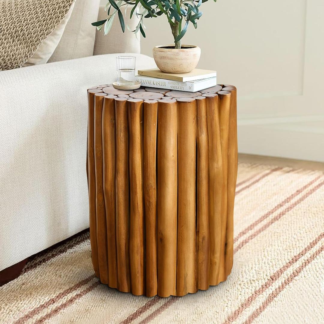 Teak Side Table, Wooden Branch Bundle Accent Table, Natural Wood End Table, 13.8" x 13.8" x 17.7"