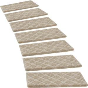 PURE ERA Bullnose Carpet Stair Treads Tape Free Non-Slip Indoor Stair Protectors Pet Friendly Stair Treads for Wooden Steps 9.5" x 30"(14 Pieces, Cream Gray Diamond Trellis), 14 Pieces with Bullnose