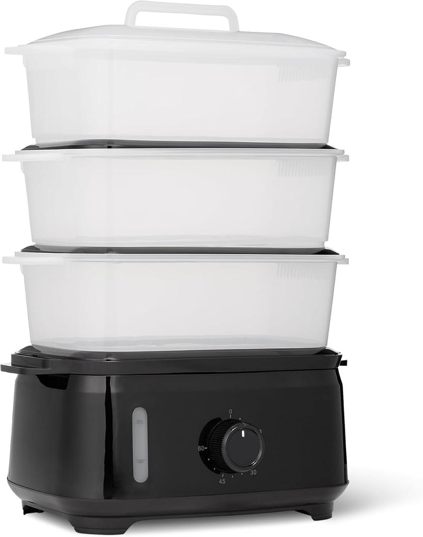 Amazon Basics Electric Food Steamer for Cooking Vegetables, 3-Tier Design, 60-Minute Timer with Auto Shutoff, Easy Water Refill System, BPA-Free, 9.5 QT, Black