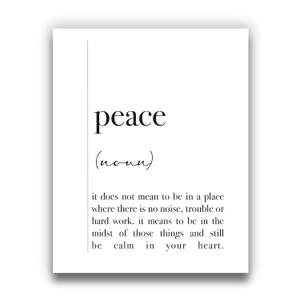 Peace Definition Wall Art | Black and White Positive Word Wall Decor - 8x10 UNFRAMED Modern, Minimalist, Typography Art Print