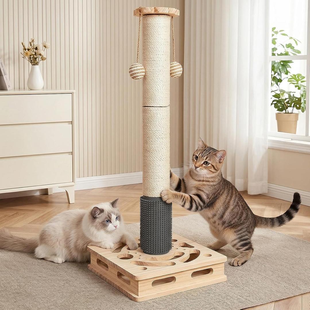 30.3 Inch Large Cat Scratching Post, 4-in-1 Interactive Maze Base with Cat Self Groomer, Natural Pine Wood & Premium Sisal Scratching Pole, Anti-Slip Detachable Design for Indoor Cats