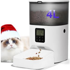 Automatic Cat Feeder, 4L Dry Food Dispenser with Voice Recorder, Up to 8 Meals per Day, Timed Feeder with Sealed Ring (White)